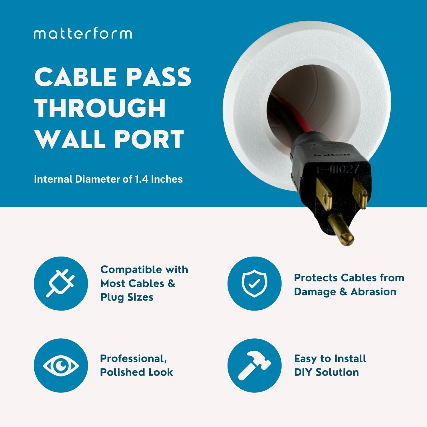 Cable Pass Through Wall Port | Fits Cable Sizes up to 3-Prong Plug | Compatible with 3 5/8 - 5 1/4 Wall Thickness | Provides Solid Channel Through Wall (White)