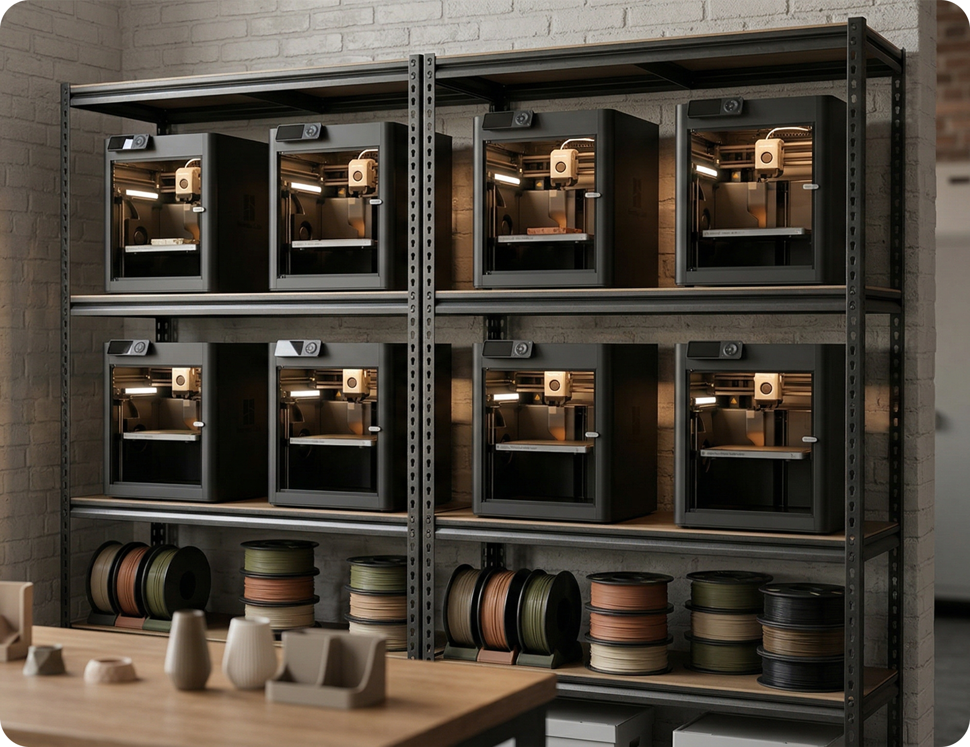 Matterform 3D print farm with over 20 Bambu Lab printers